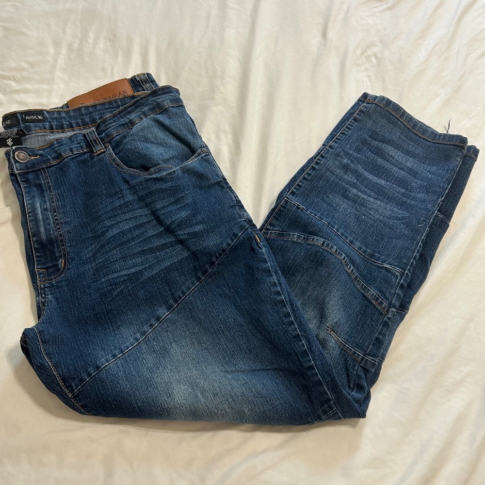 Rocawear Mens Slim Fit Moto Paneled Jeans Dark Wash Blue 40x30
